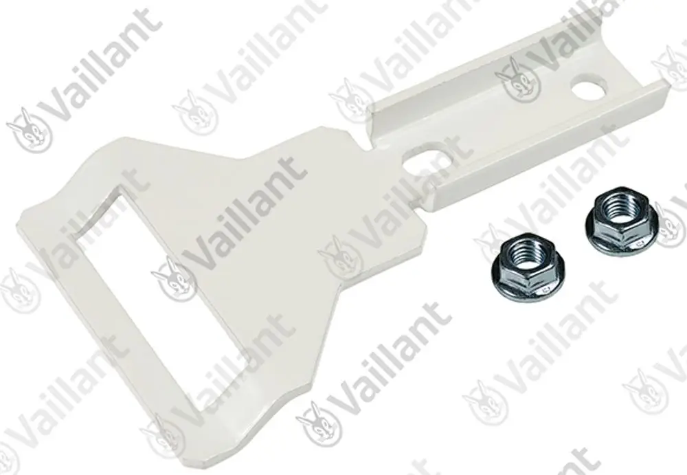 Vaillant Halter in weißer Farbe, mit einer Öffnung und zwei dazugehörigen Muttern, auf neutralem Hintergrund.